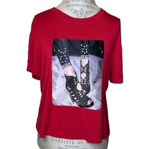 Starlet Red Graphic Shoe T-Shirt with Studded Pearl Like Embellishments XL
